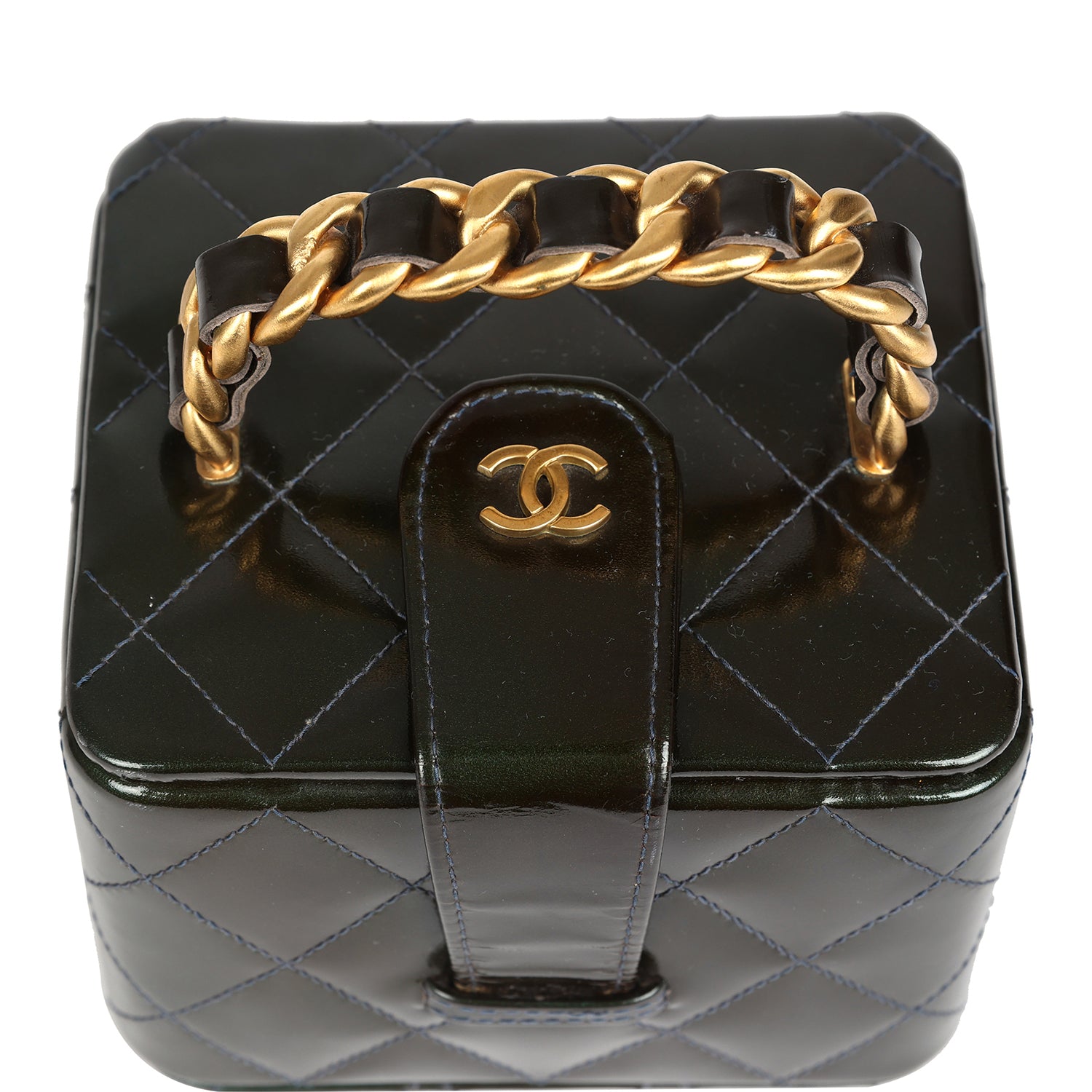 Chanel Vintage Mini Square Vanity Green Patent Antique Gold Hardware