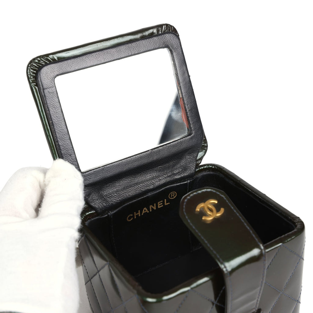 Chanel Vintage Mini Square Vanity Green Patent Antique Gold Hardware