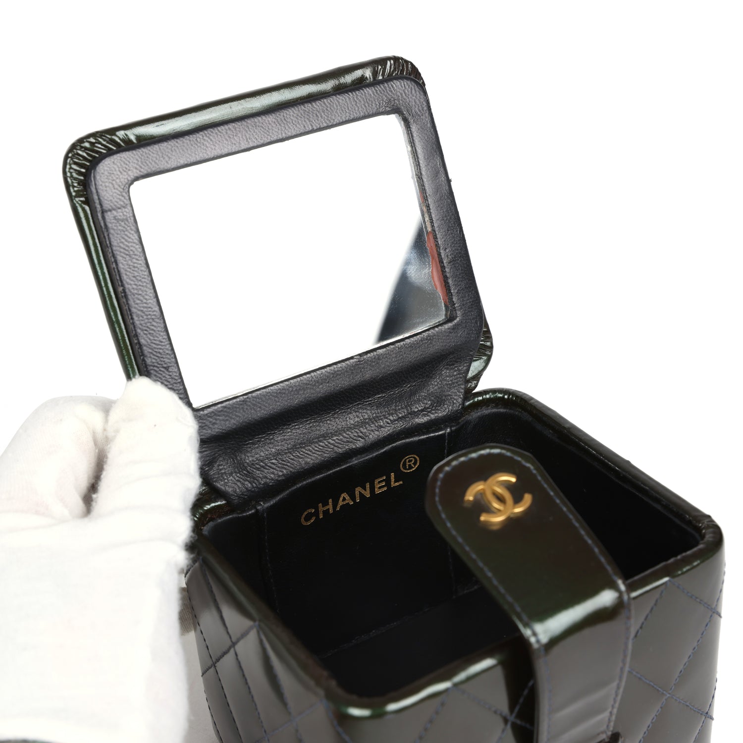Chanel Vintage Mini Square Vanity Green Patent Antique Gold Hardware