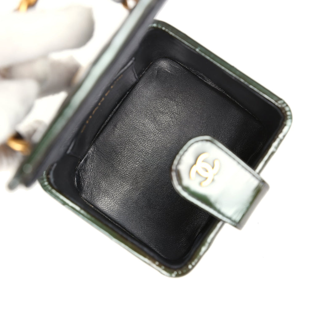 Chanel Vintage Mini Square Vanity Green Patent Antique Gold Hardware