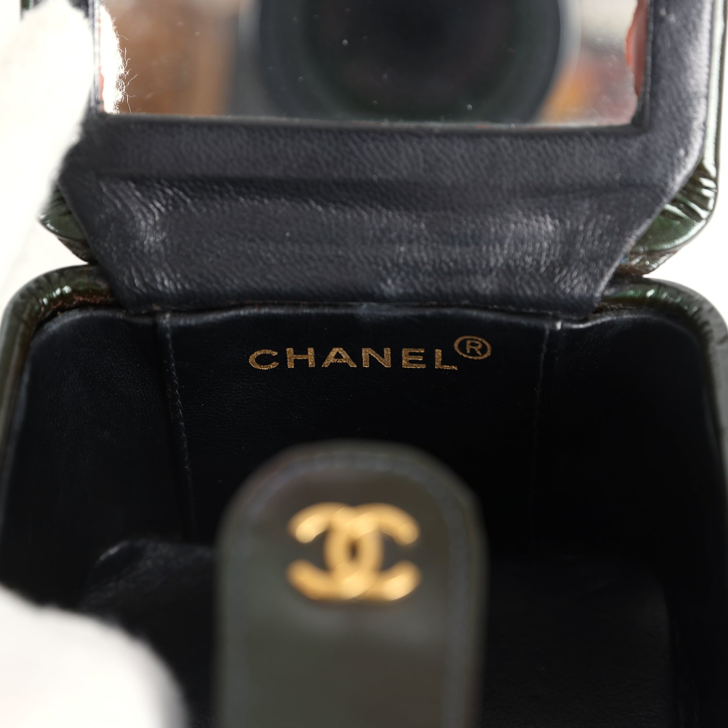Chanel Vintage Mini Square Vanity Green Patent Antique Gold Hardware