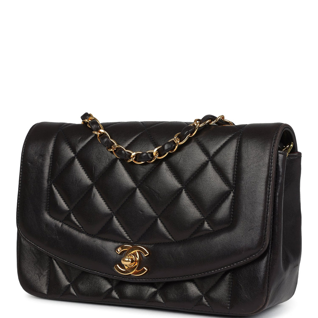 Chanel Vintage Small Diana Flap Bag Black Lambskin Gold Hardware