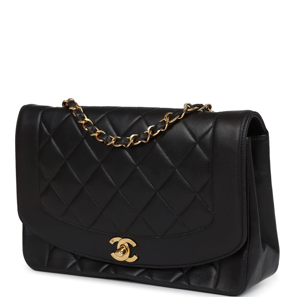 Chanel Vintage Medium Diana Flap Bag Black Lambskin Gold Hardware