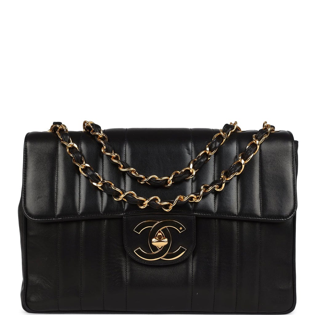 Chanel Vintage Jumbo Mademoiselle Vertical Flap Black Lambskin Gold Hardware