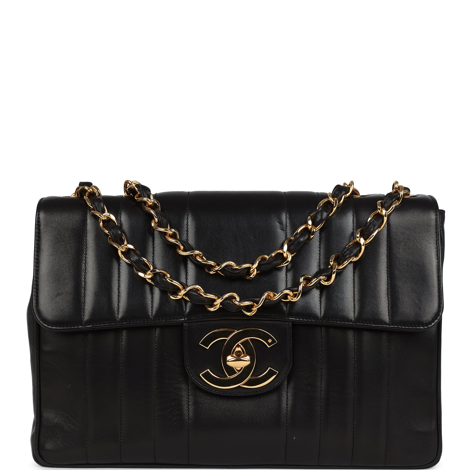 Chanel Vintage Jumbo Mademoiselle Vertical Flap Black Lambskin Gold Hardware