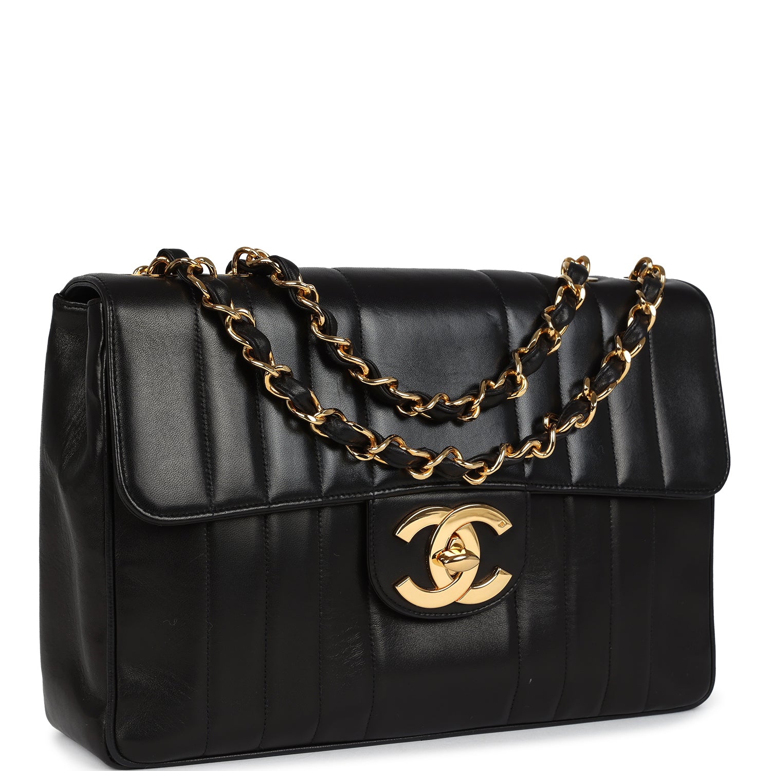 Chanel Vintage Jumbo Mademoiselle Vertical Flap Black Lambskin Gold Hardware