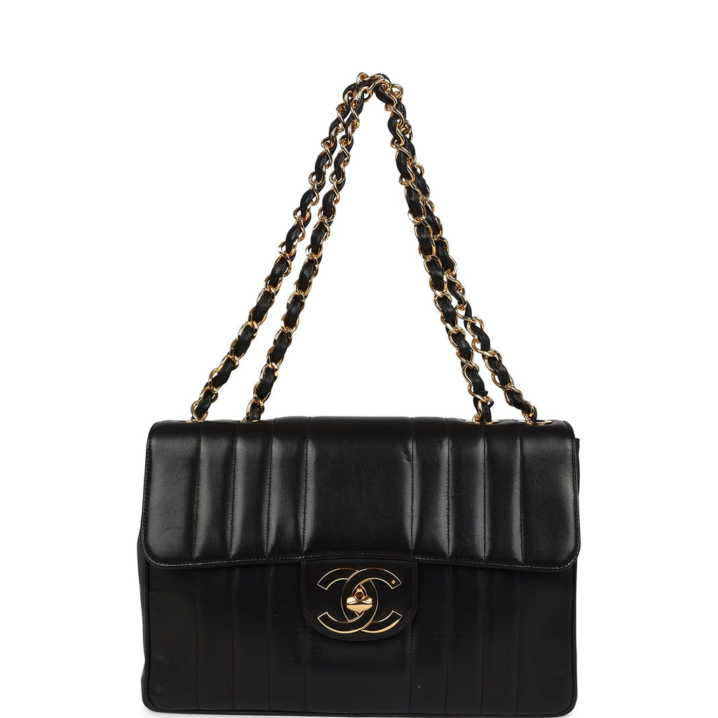 Chanel Vintage Jumbo Mademoiselle Vertical Flap Black Lambskin Gold Hardware