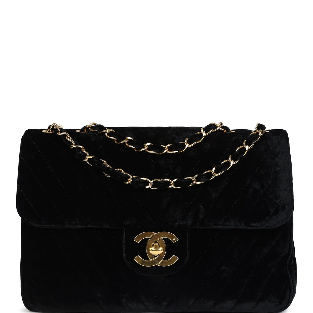 Chanel Vintage XL Chevron Single Flap Bag Black Velvet Gold Hardware