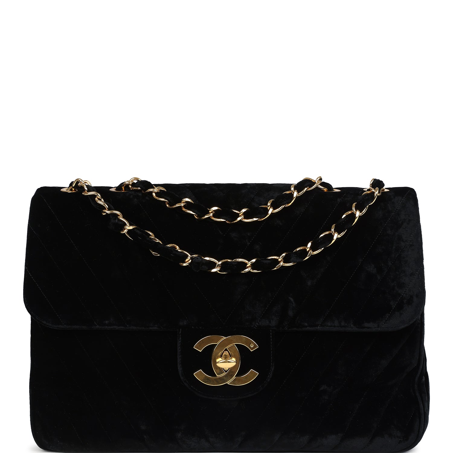 Chanel Vintage XL Chevron Single Flap Bag Black Velvet Gold Hardware