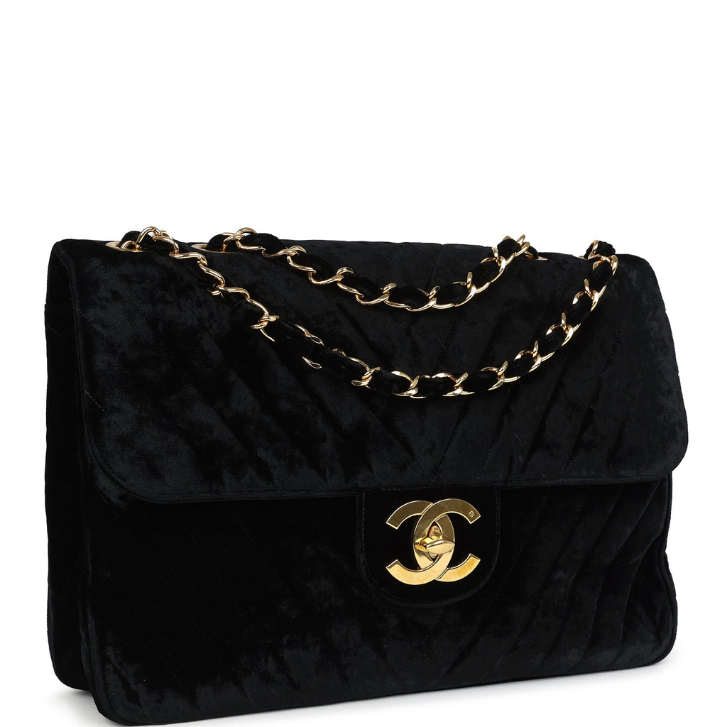 Chanel Vintage XL Chevron Single Flap Bag Black Velvet Gold Hardware