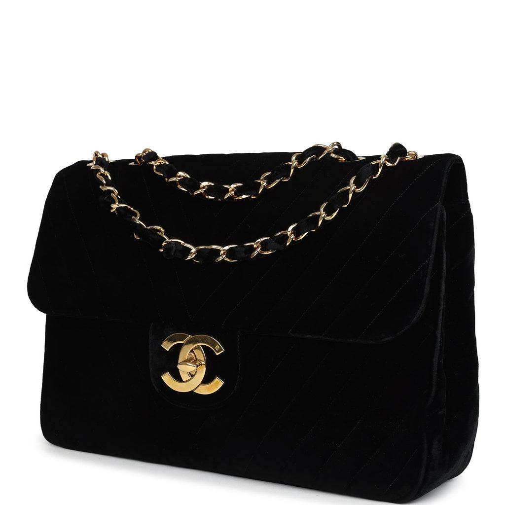 Chanel Vintage XL Chevron Single Flap Bag Black Velvet Gold Hardware