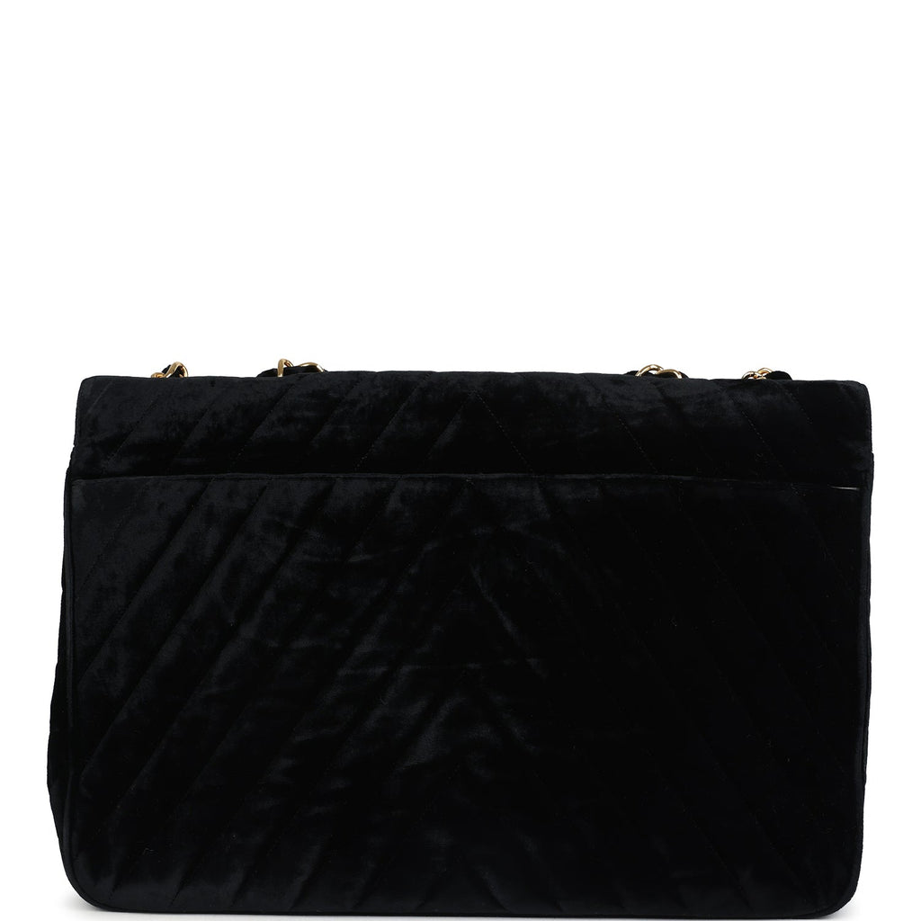 Chanel Vintage XL Chevron Single Flap Bag Black Velvet Gold Hardware