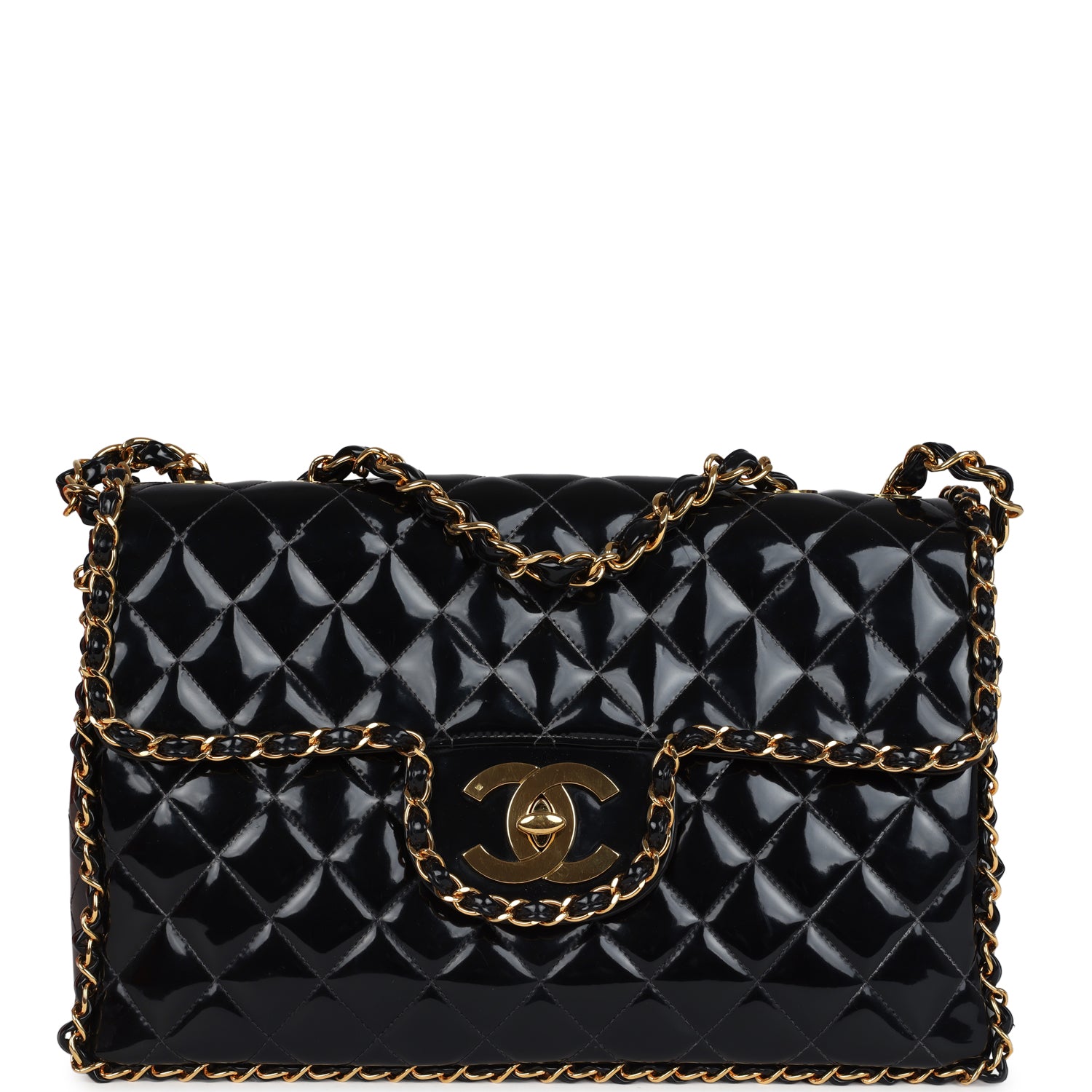 Chanel Vintage Maxi Chain Around Single Flap Bag Black Patent Gold Hardware