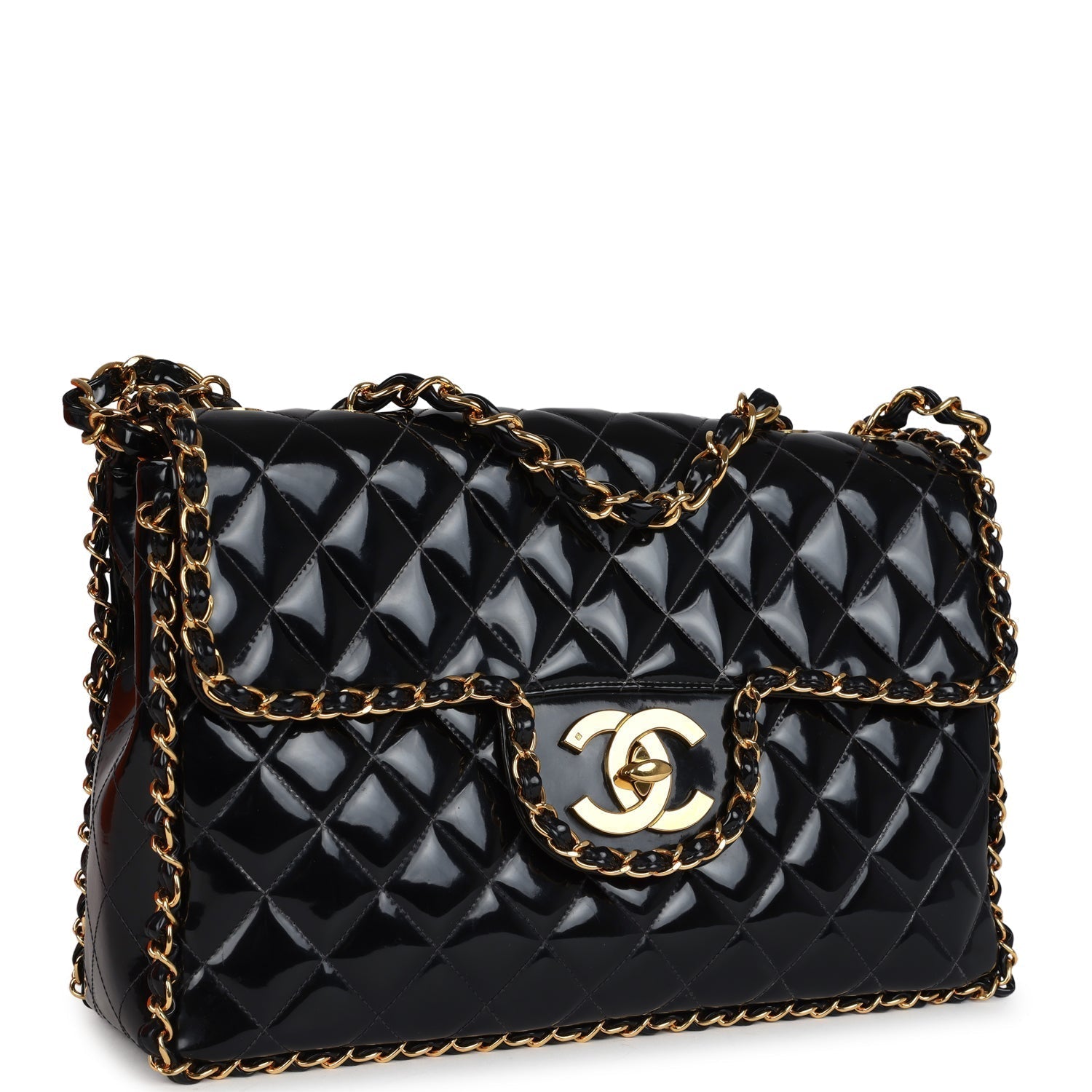 Chanel Vintage Maxi Chain Around Single Flap Bag Black Patent Gold Hardware