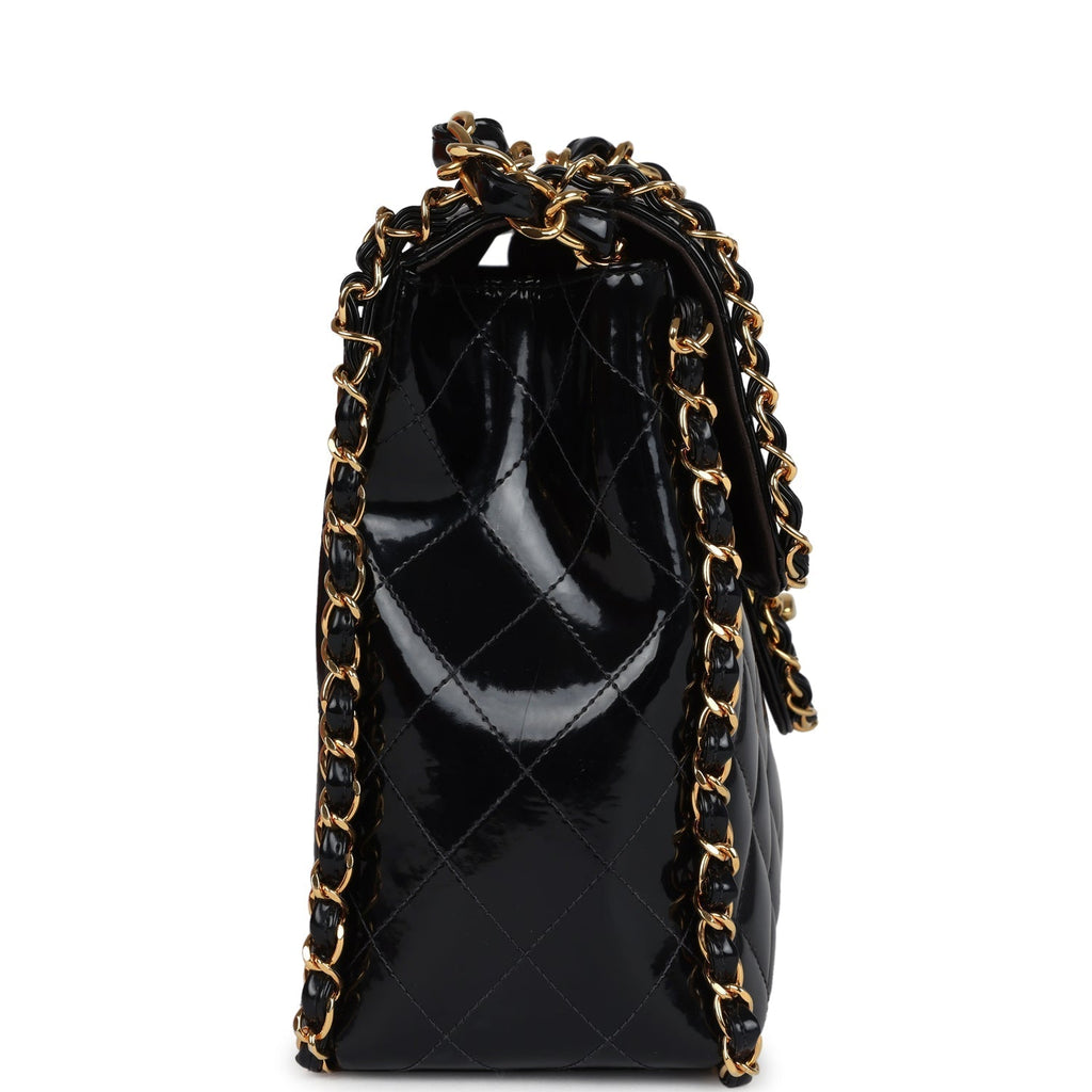 Chanel Vintage Maxi Chain Around Single Flap Bag Black Patent Gold Hardware