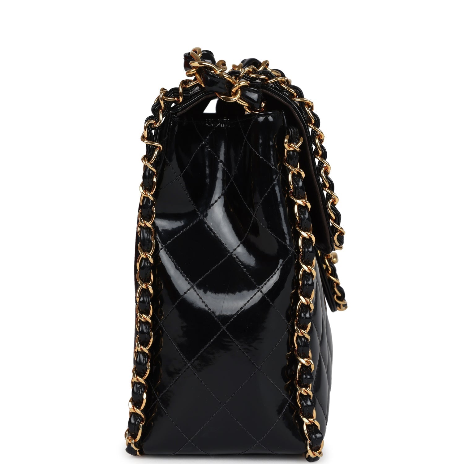 Chanel Vintage Maxi Chain Around Single Flap Bag Black Patent Gold Hardware
