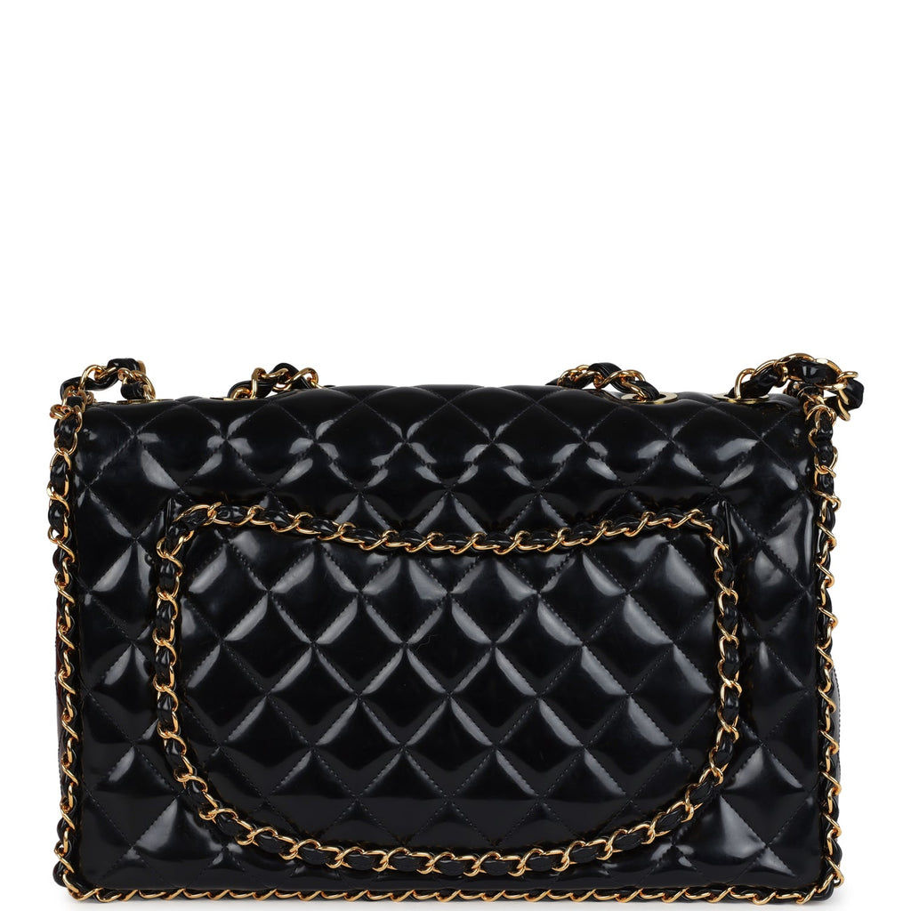 Chanel Vintage Maxi Chain Around Single Flap Bag Black Patent Gold Hardware