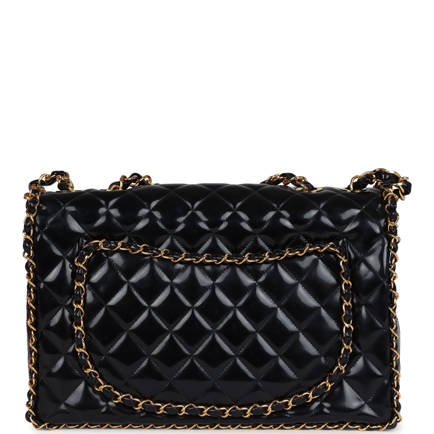 Chanel Vintage Maxi Chain Around Single Flap Bag Black Patent Gold Hardware