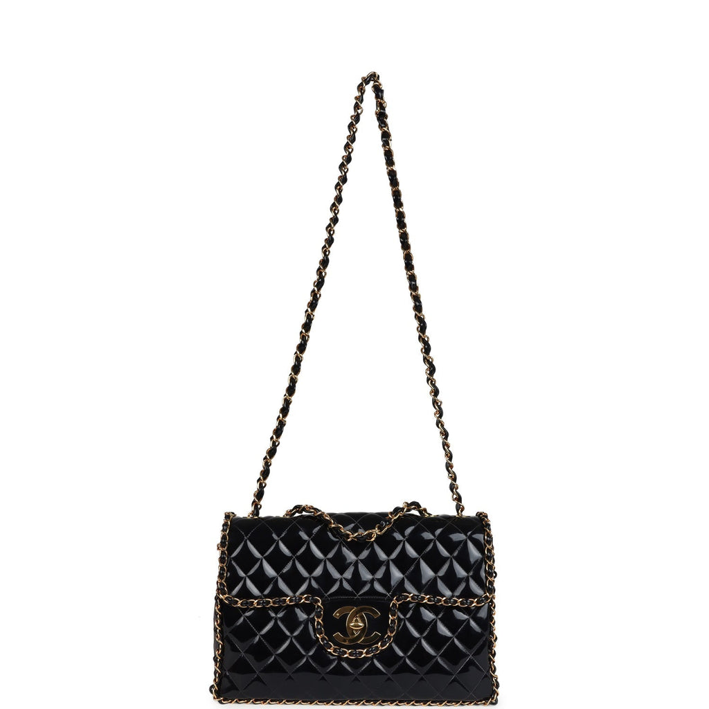 Chanel Vintage Maxi Chain Around Single Flap Bag Black Patent Gold Hardware
