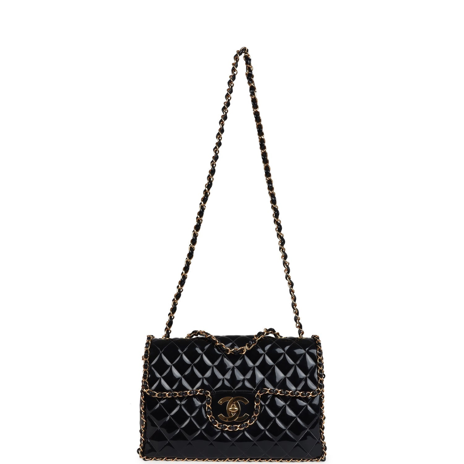 Chanel Vintage Maxi Chain Around Single Flap Bag Black Patent Gold Hardware