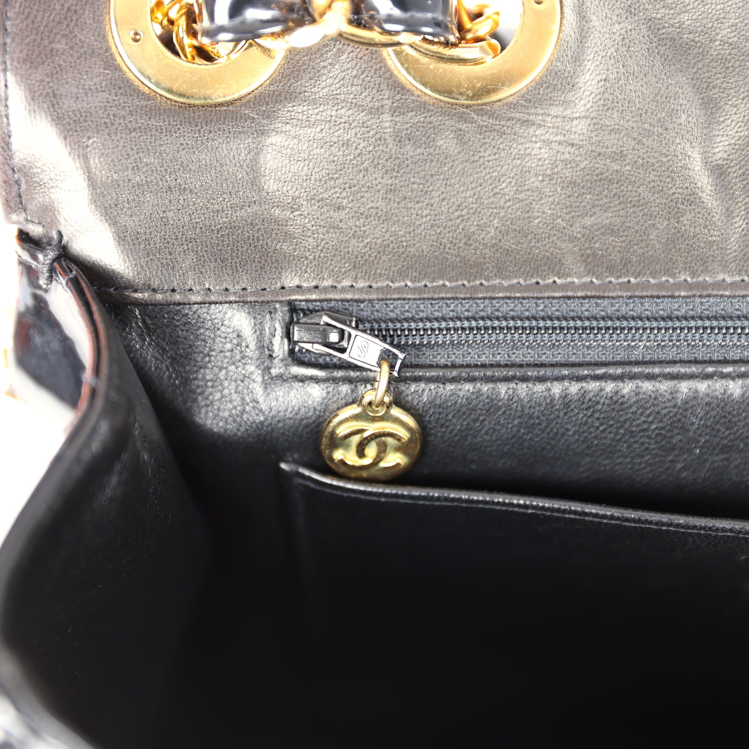 Chanel Vintage Maxi Chain Around Single Flap Bag Black Patent Gold Hardware