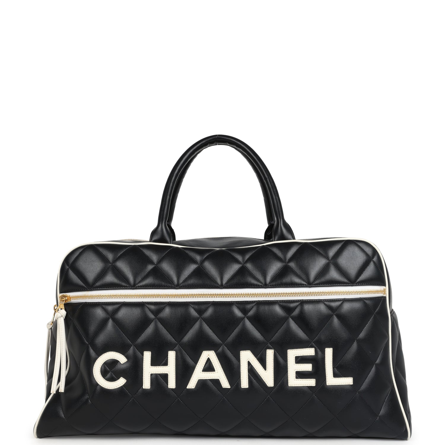 Chanel Vintage Large Logo Boston Bag Black and White Calfskin Gold Hardware