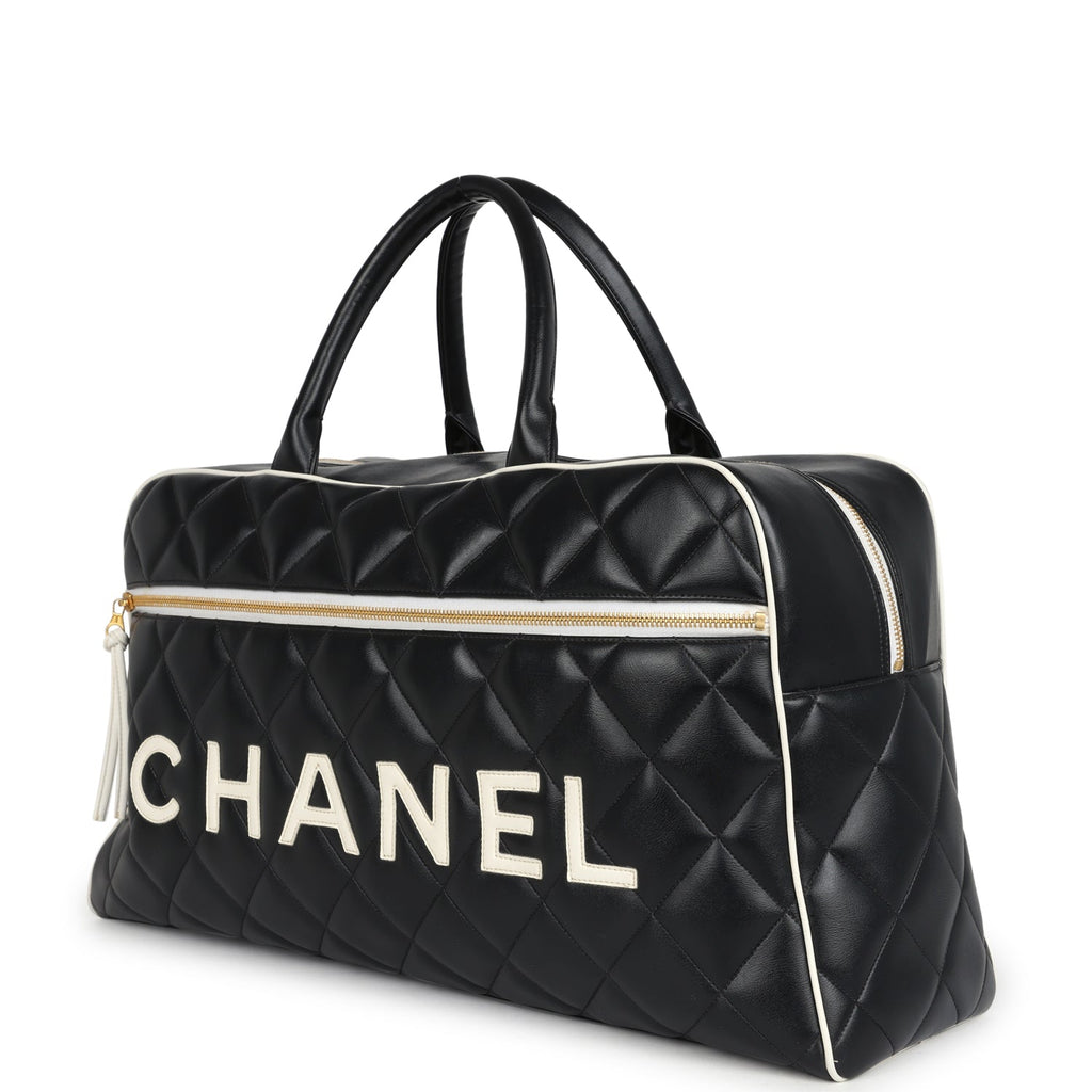 Chanel Vintage Large Logo Boston Bag Black and White Calfskin Gold Hardware