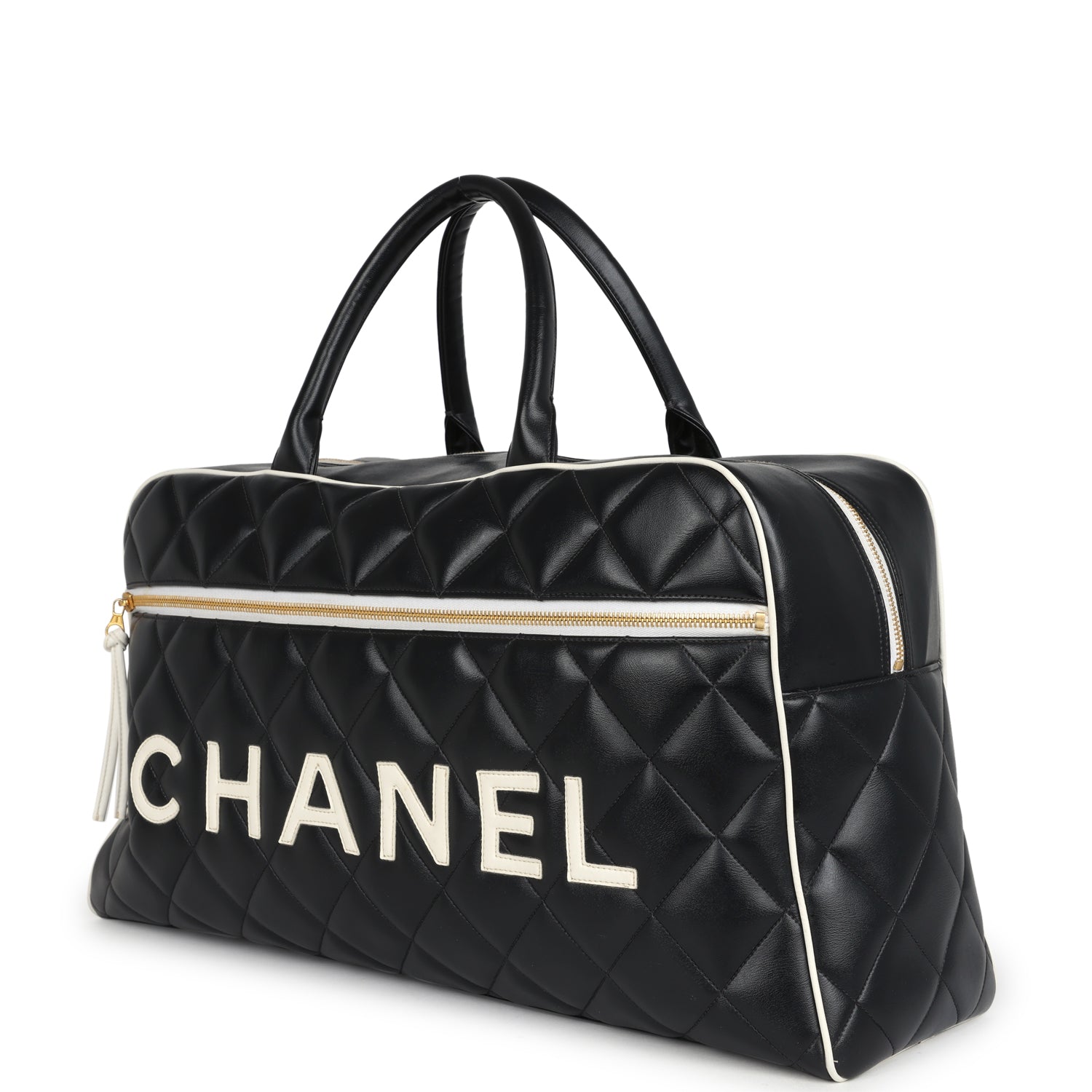 Chanel Vintage Large Logo Boston Bag Black and White Calfskin Gold Hardware