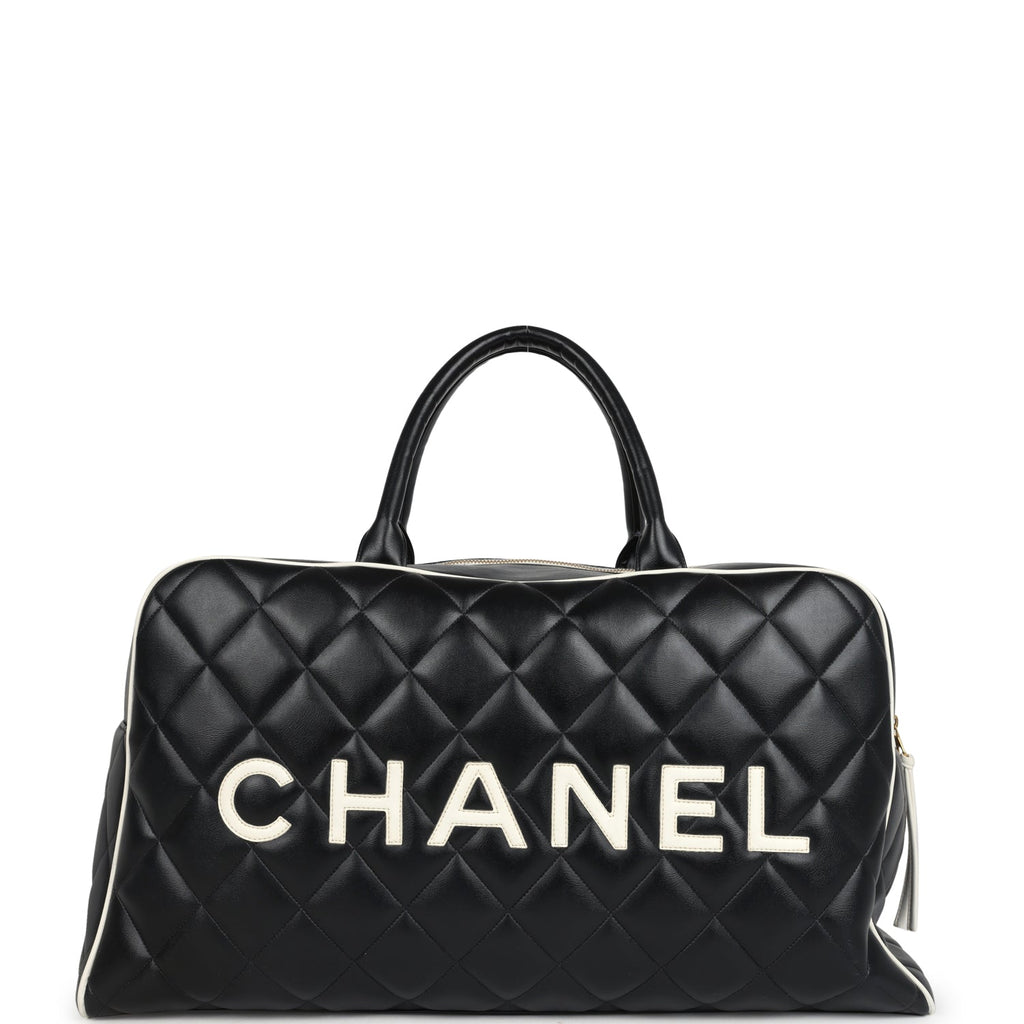 Chanel Vintage Large Logo Boston Bag Black and White Calfskin Gold Hardware