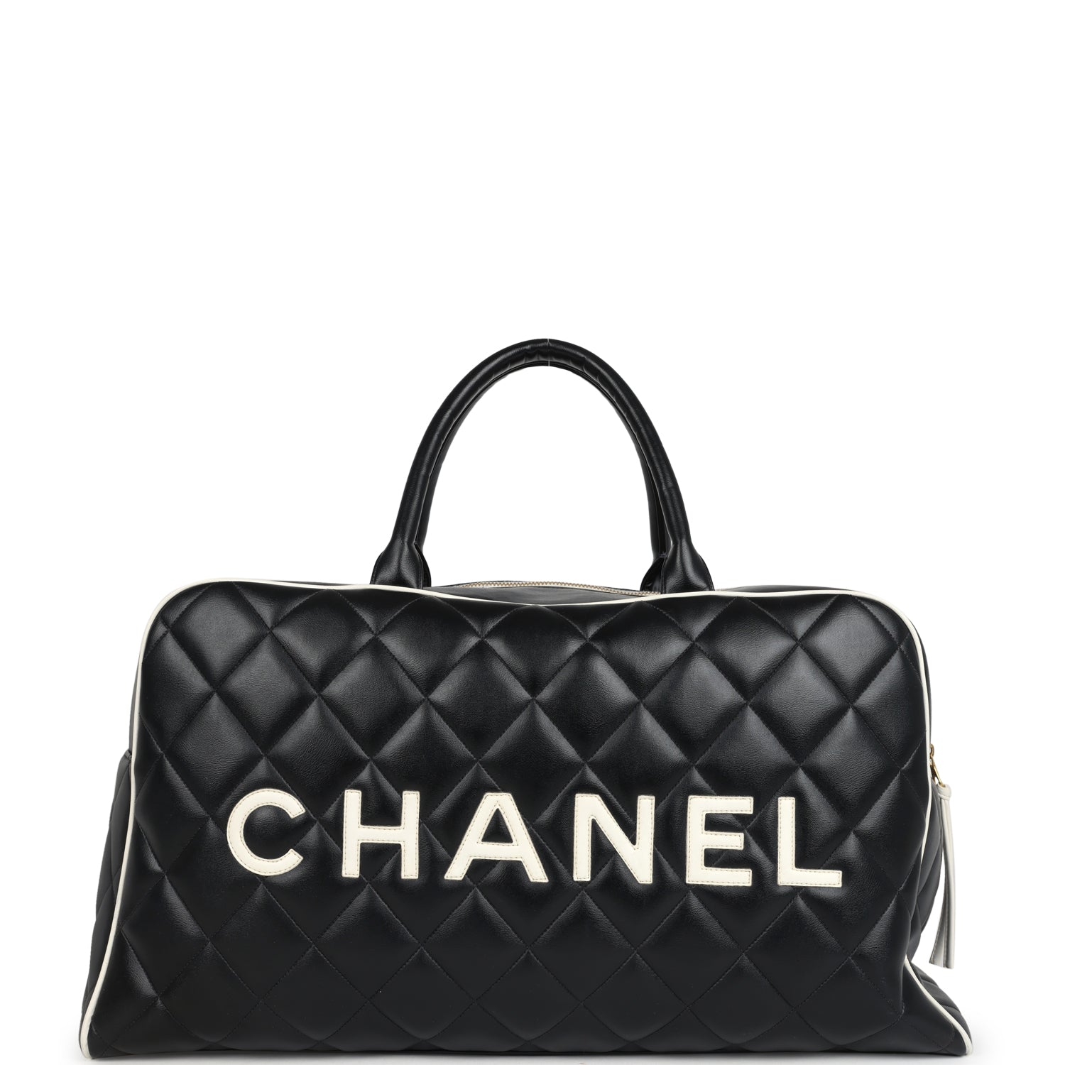 Chanel Vintage Large Logo Boston Bag Black and White Calfskin Gold Hardware