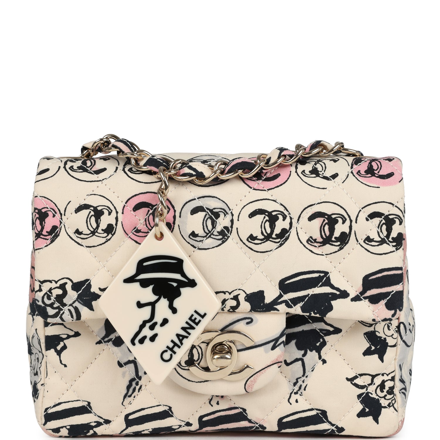 Chanel Vintage Mini Logo Square Flap Bag Light Pink Multi Printed Nylon Light Gold Hardware