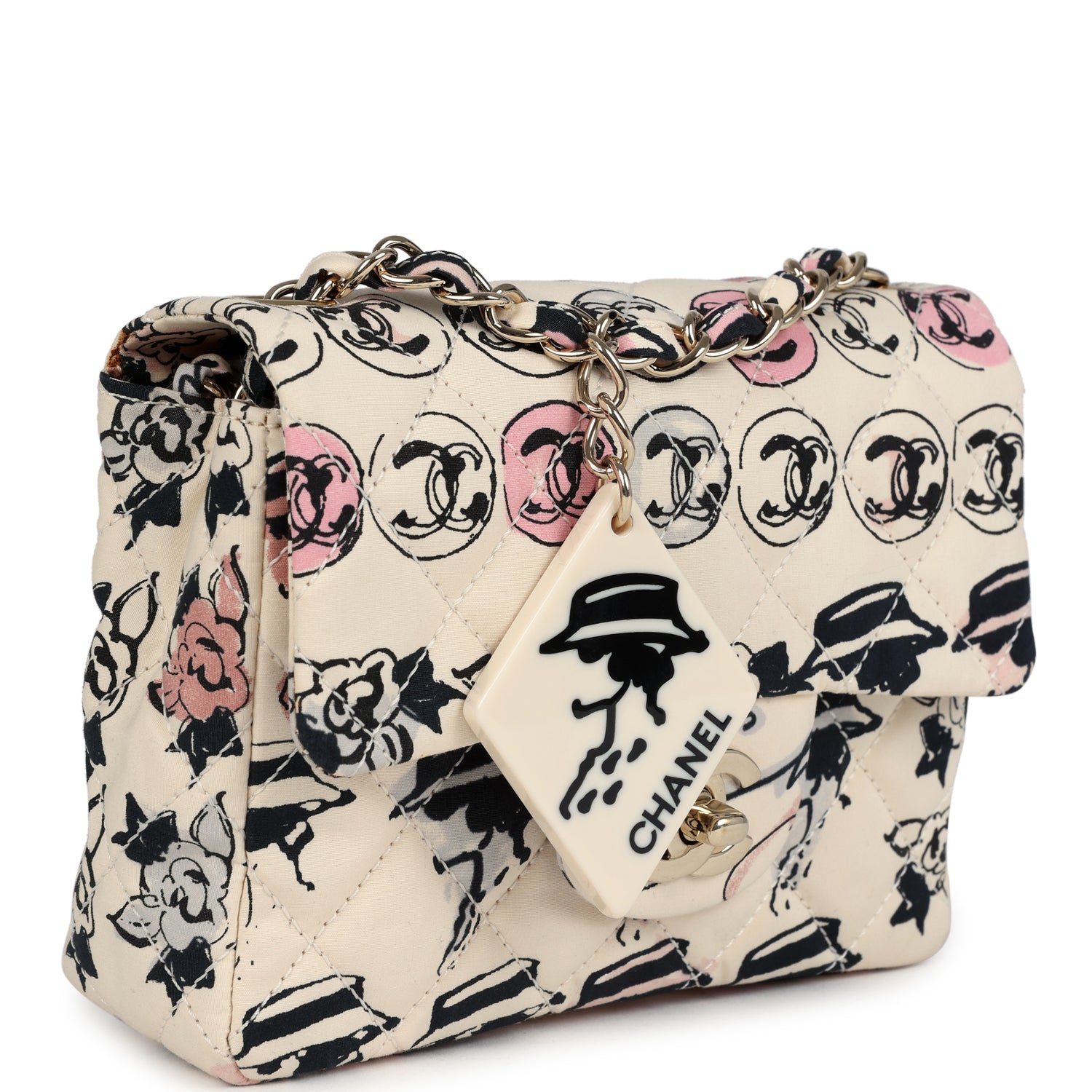 Chanel Vintage Mini Logo Square Flap Bag Light Pink Multi Printed Nylon Light Gold Hardware