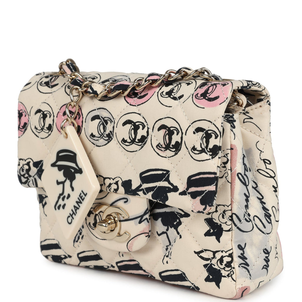Chanel Vintage Mini Logo Square Flap Bag Light Pink Multi Printed Nylon Light Gold Hardware