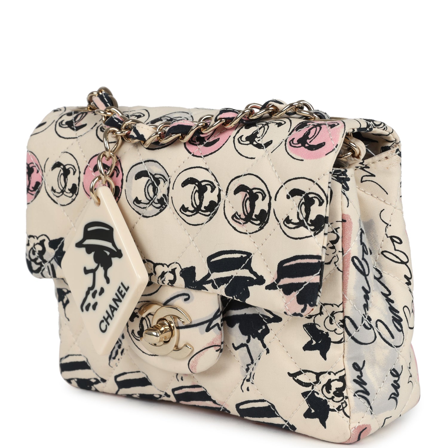 Chanel Vintage Mini Logo Square Flap Bag Light Pink Multi Printed Nylon Light Gold Hardware