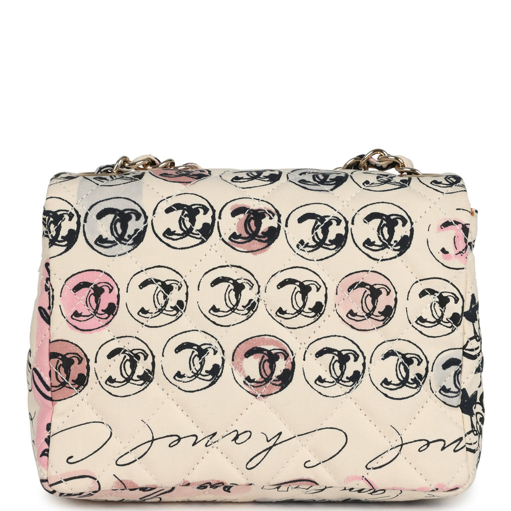 Chanel Vintage Mini Logo Square Flap Bag Light Pink Multi Printed Nylon Light Gold Hardware