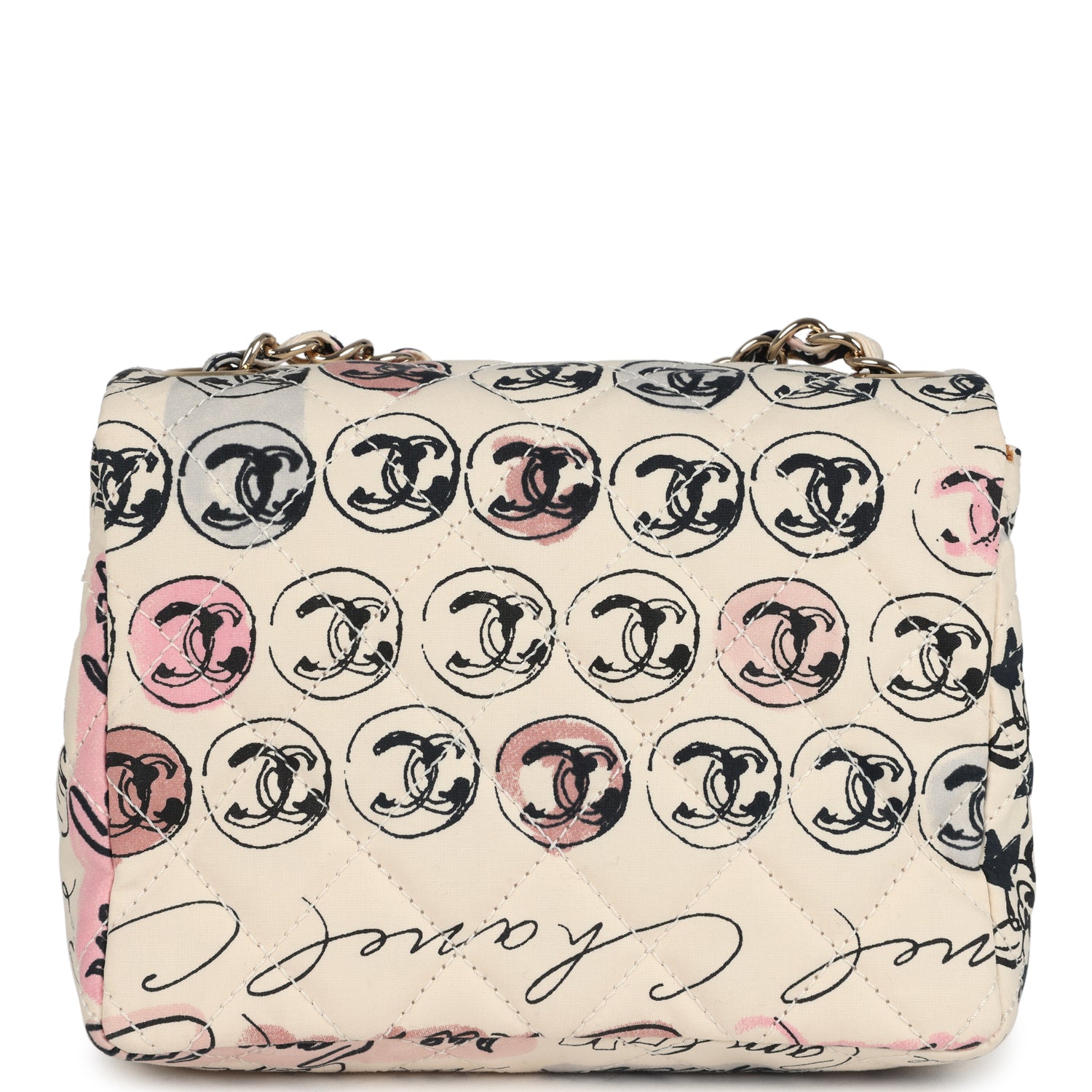 Chanel Vintage Mini Logo Square Flap Bag Light Pink Multi Printed Nylon Light Gold Hardware