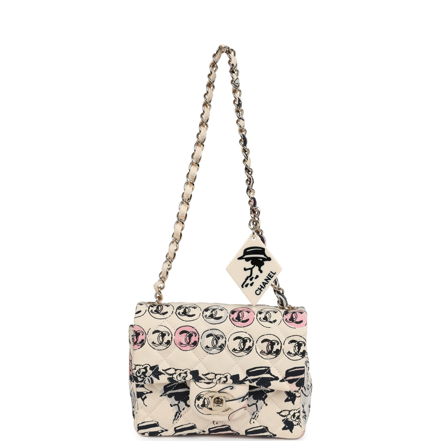 Chanel Vintage Mini Logo Square Flap Bag Light Pink Multi Printed Nylon Light Gold Hardware