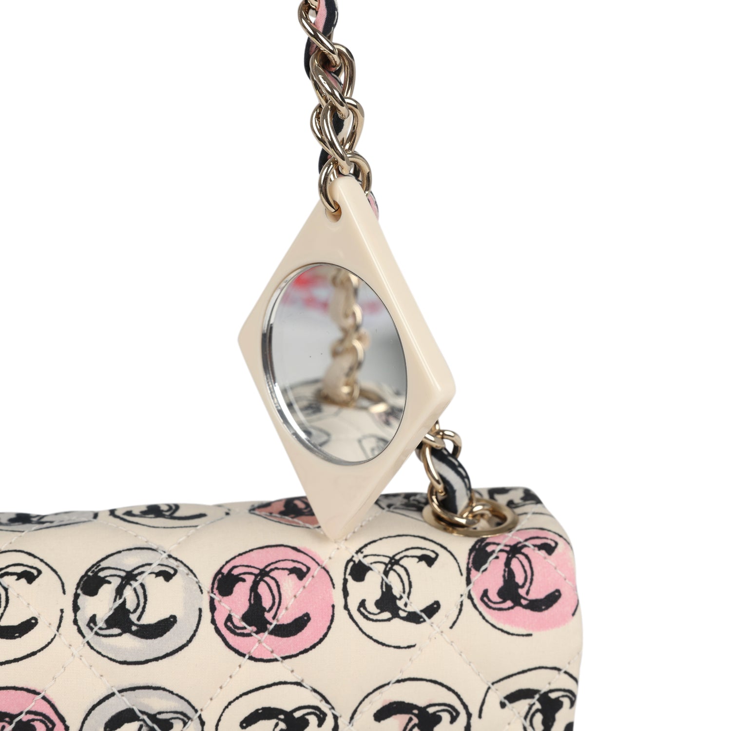 Chanel Vintage Mini Logo Square Flap Bag Light Pink Multi Printed Nylon Light Gold Hardware