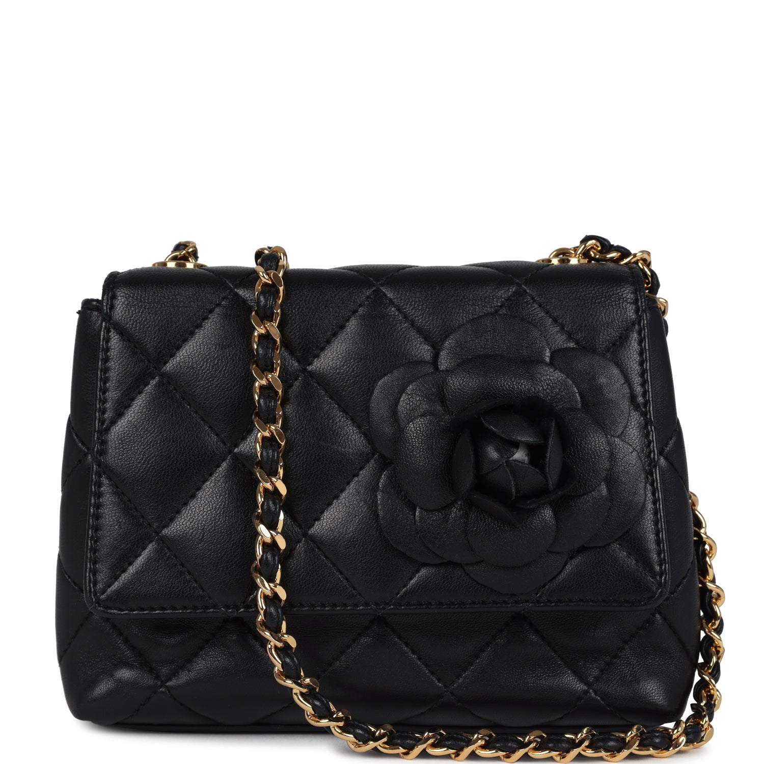 Chanel Vintage Mini Camellia Flap Bag Black Lambskin Gold Hardware