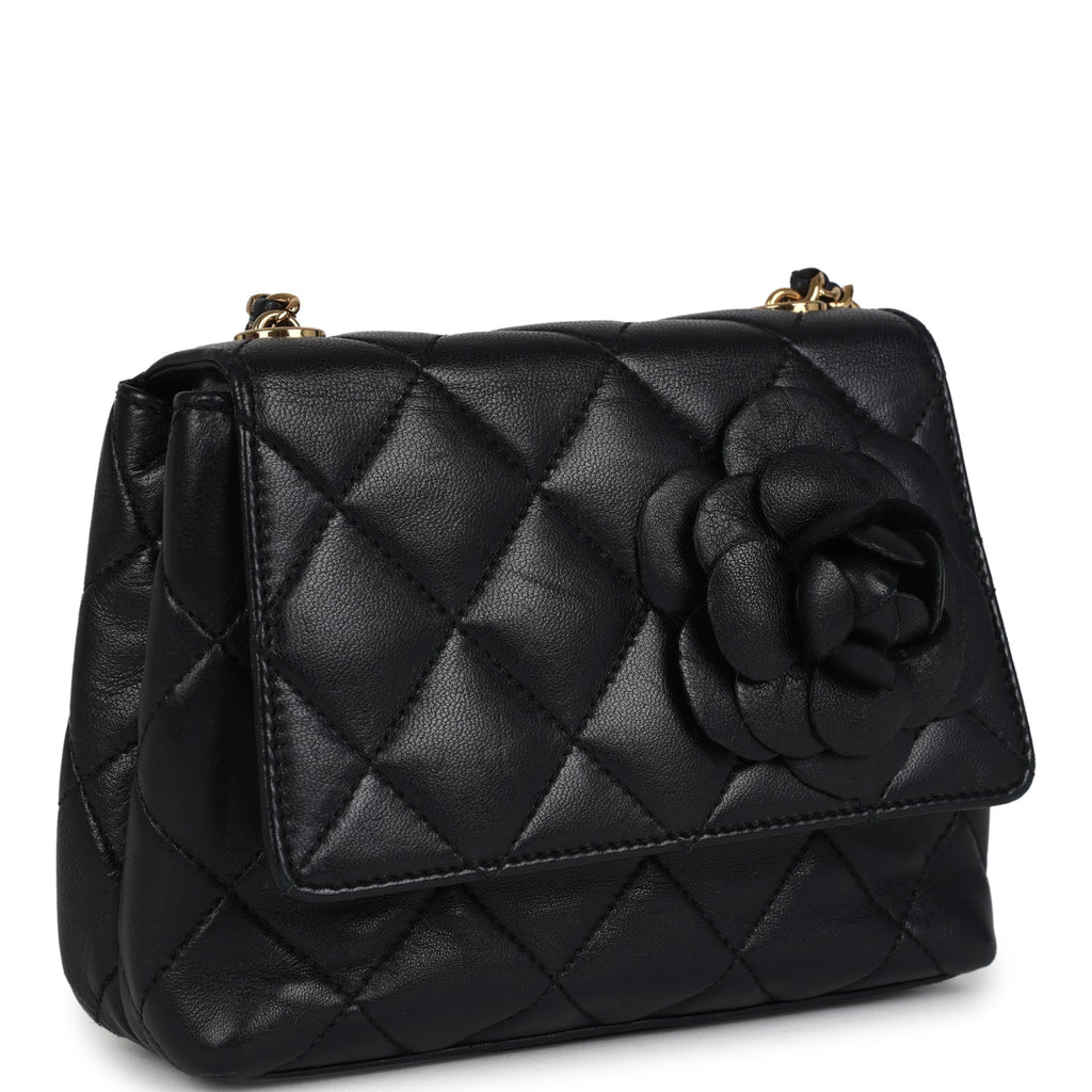 Chanel Vintage Mini Camellia Flap Bag Black Lambskin Gold Hardware