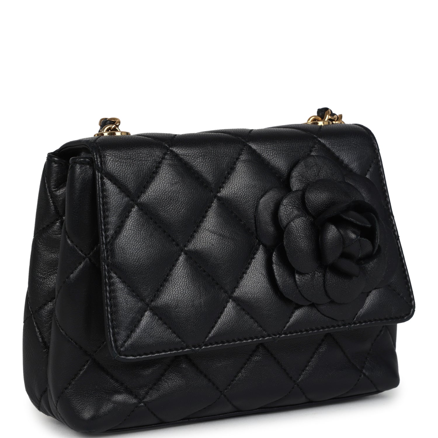 Chanel Vintage Mini Camellia Flap Bag Black Lambskin Gold Hardware