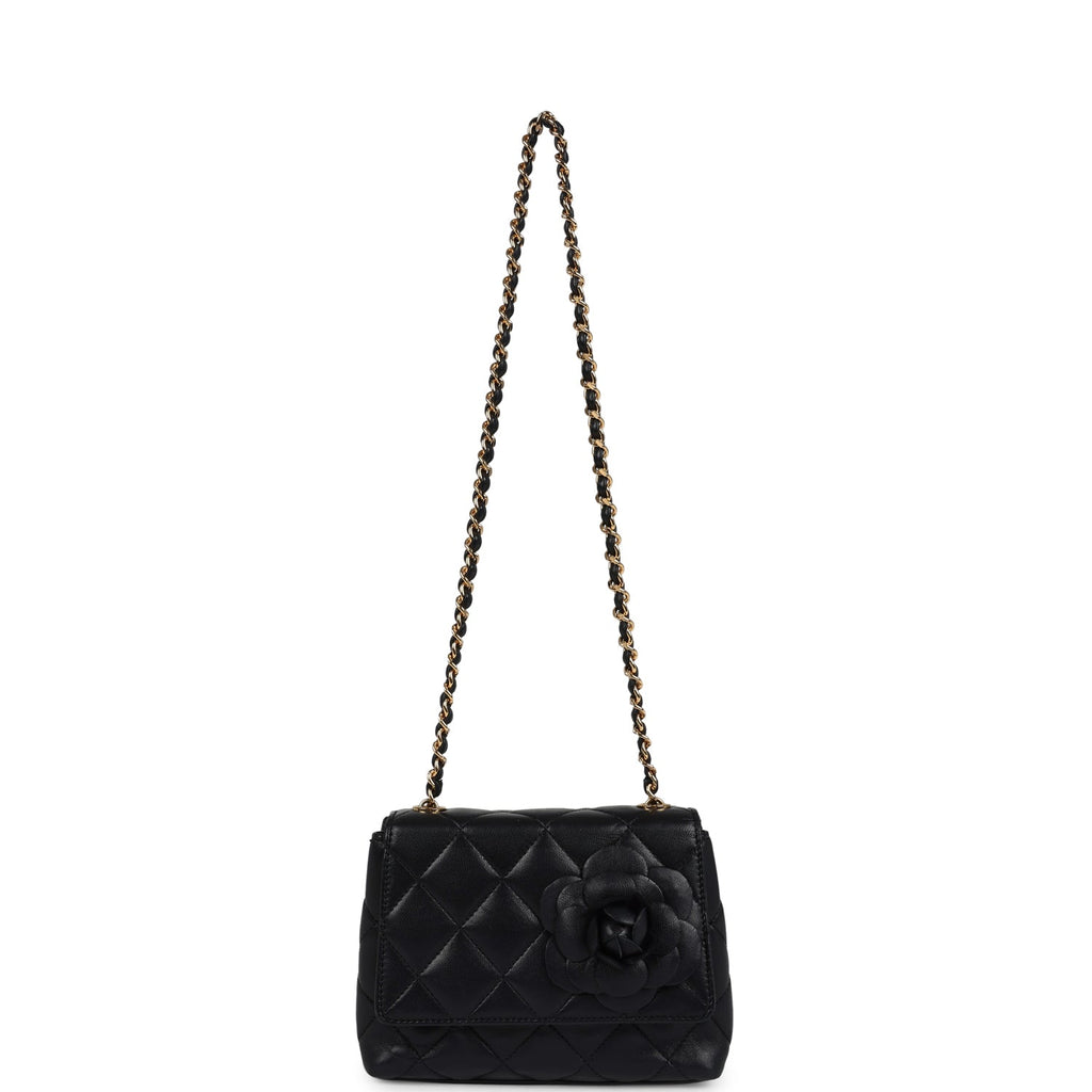 Chanel Vintage Mini Camellia Flap Bag Black Lambskin Gold Hardware