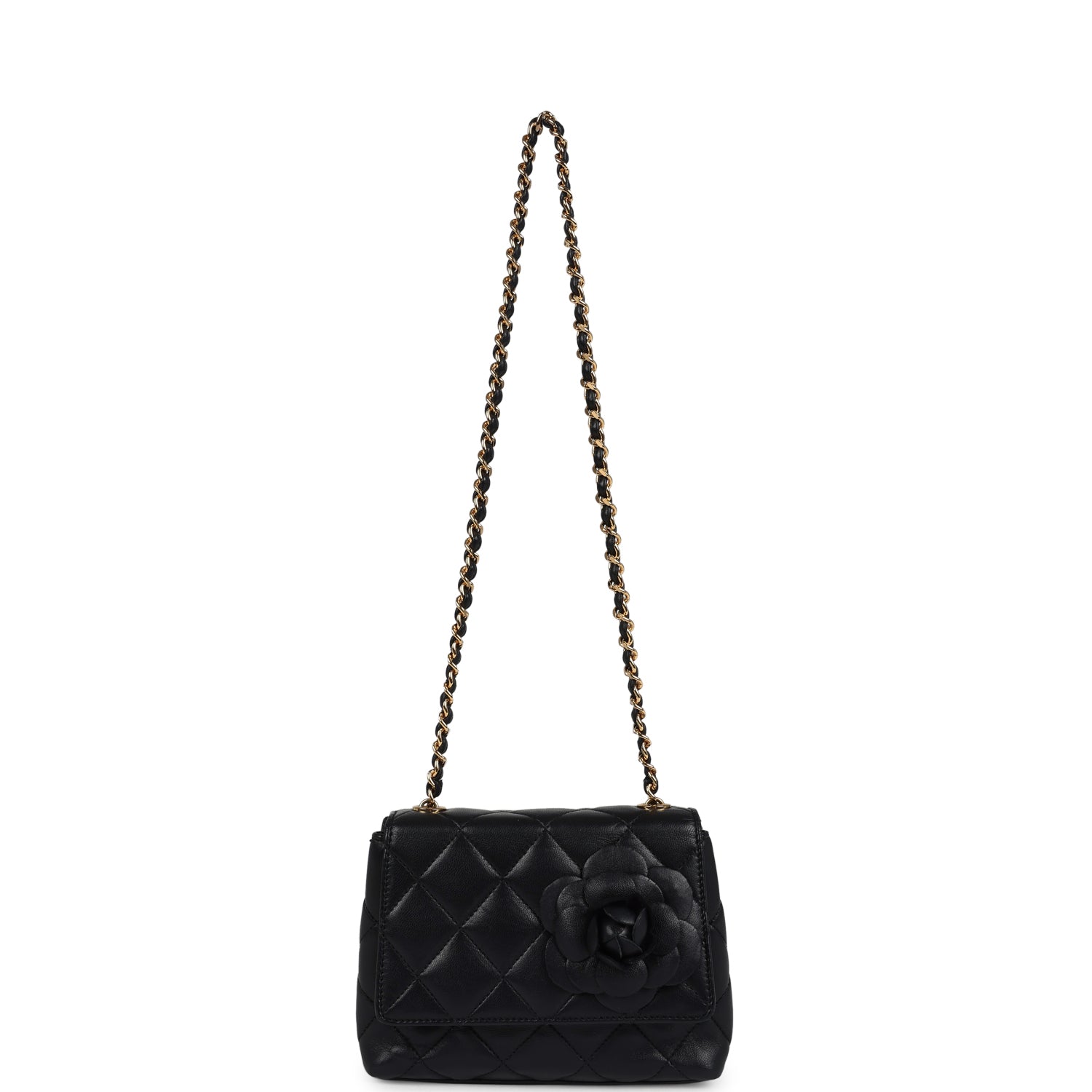 Chanel Vintage Mini Camellia Flap Bag Black Lambskin Gold Hardware