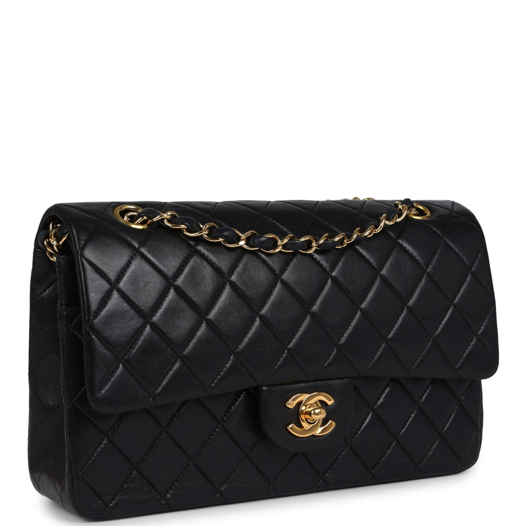 Chanel Vintage Medium Classic Double Flap Bag Black Lambskin Gold Hardware