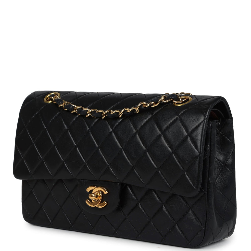 Chanel Vintage Medium Classic Double Flap Bag Black Lambskin Gold Hardware