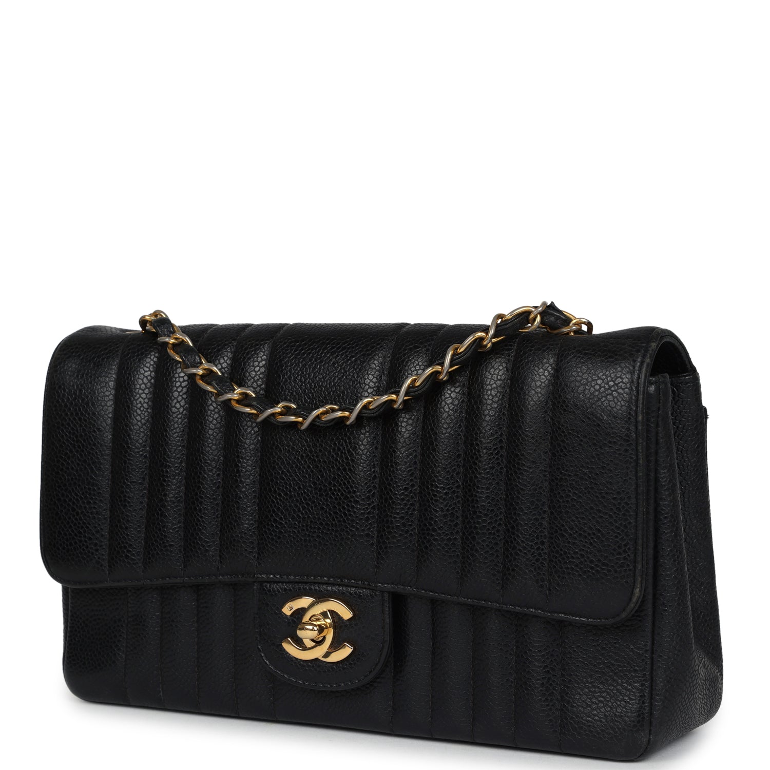 Chanel Vintage Medium Vertical Flap Bag Black Caviar Gold Hardware