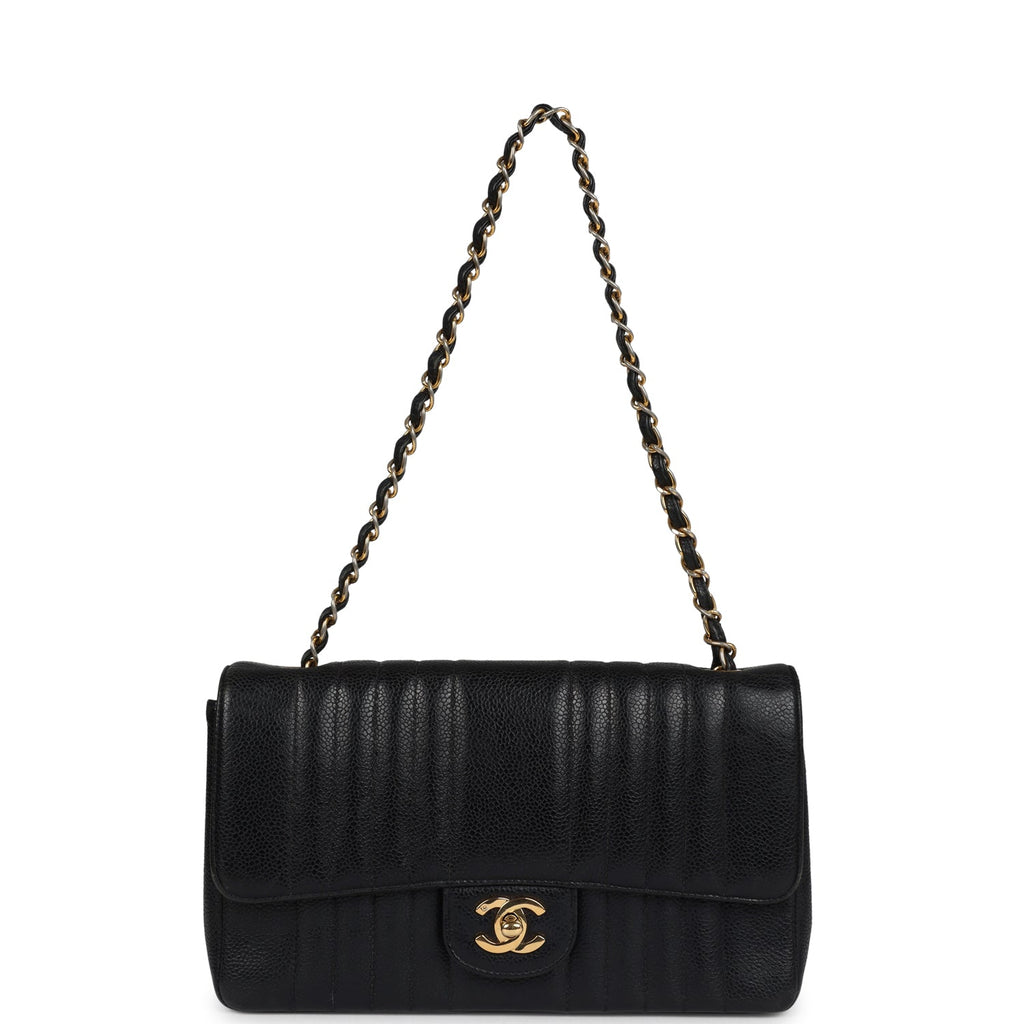 Chanel Vintage Medium Vertical Flap Bag Black Caviar Gold Hardware