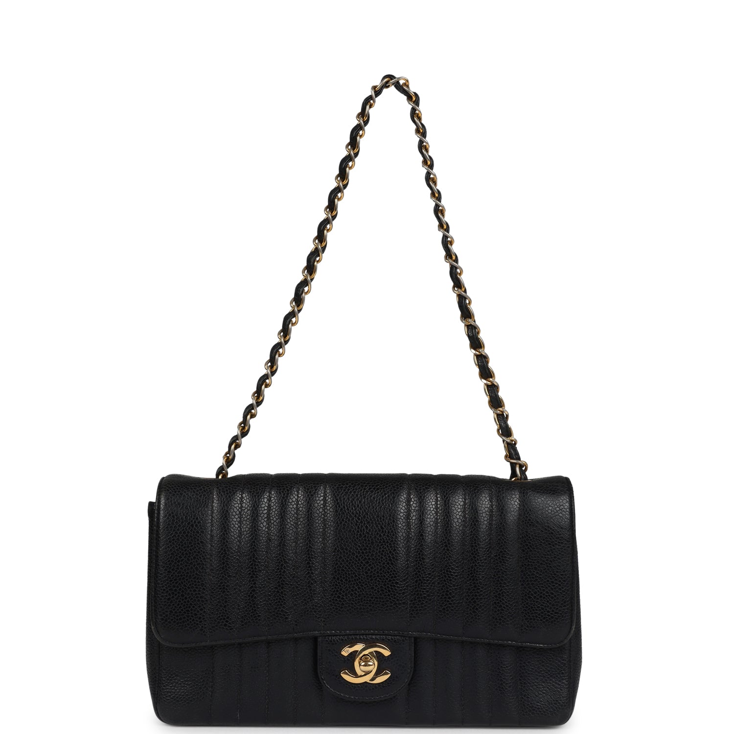 Chanel Vintage Medium Vertical Flap Bag Black Caviar Gold Hardware