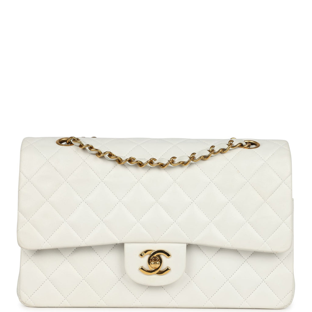 Chanel Vintage Medium Classic Double Flap Bag White Lambskin Gold Hardware