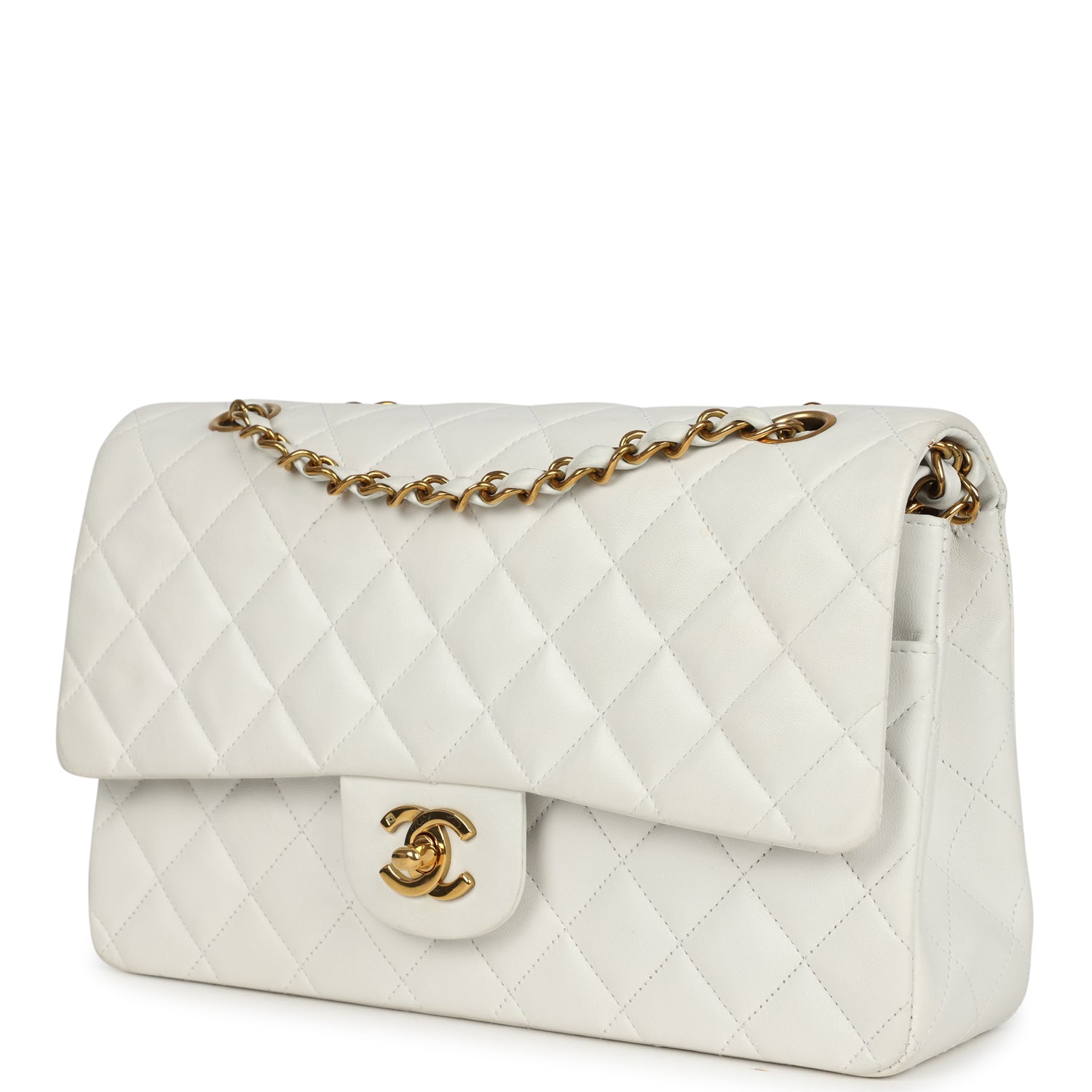 Chanel Vintage Medium Classic Double Flap Bag White Lambskin Gold Hardware
